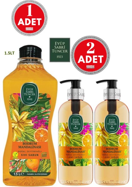 Bodrum Mandalinası Doğal Zeytinyağlı Sıvı Sabun 2 Adet 500 Ml+ 1.5 Lt 1 Adet