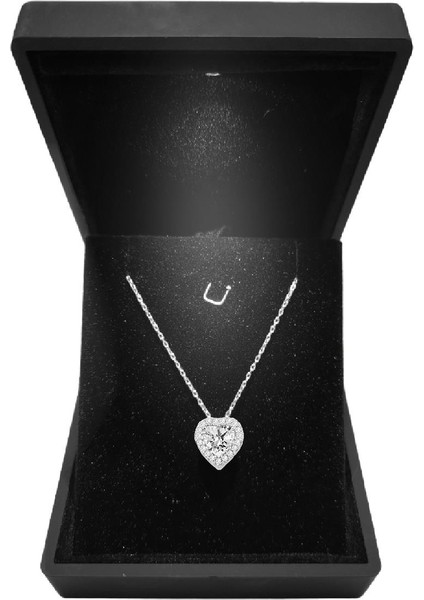 Işıklı Kutuda Gümüş Rodyumlu Pırlanta Modeli Zirkon Taşlı Kalp Kolye SGTL12398BEYAZ