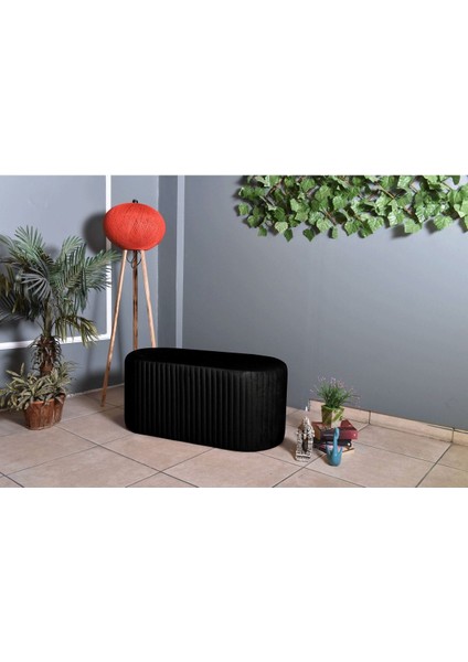 Velluto Lungo Lounge Siyah Puf - 90cm Oval Dekoratif Puf Koltuk