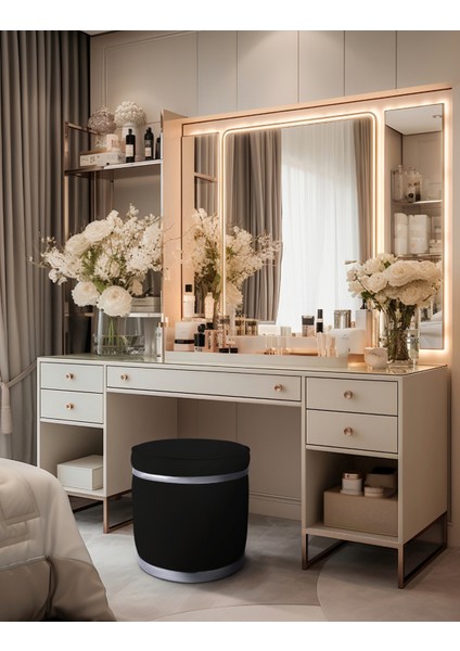 Zerafet Silver Kaplama Luxery Puf Siyah Babyface Kumaş Makyaj Koltuğu