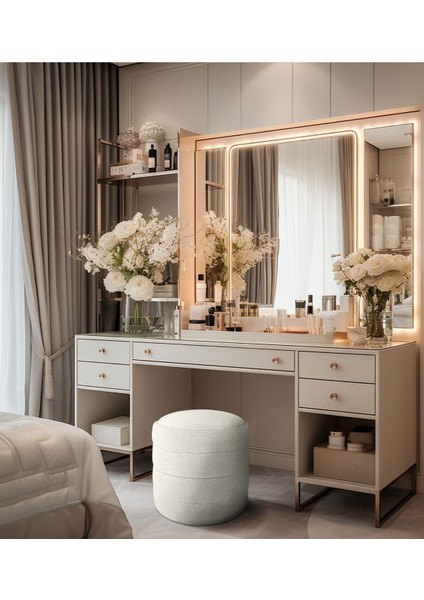 Diana Slim Line Luxury Beyaz Puf Havlu Kumaş, Silindir, Dekoratif Makyaj Masası Pufu