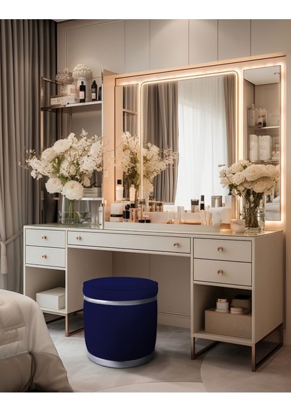 Zerafet Silver Kaplama Luxery Puf Mavi Babyface Kumaş Makyaj Koltuğu