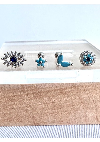 By Dilek Çetin Acessorry Cerrahi Çelik 4 Lü Firuze Taşlı Kıkırdak Helix Tragus Piercing