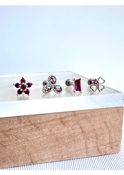 By Dilek Çetin Acessorry Cerrahi Çelik 4 Lü Pembe Taşlı Kıkırdak Helix Tragus Piercing