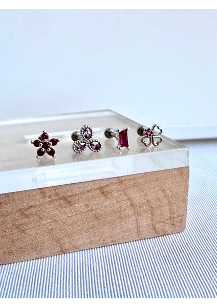 By Dilek Çetin Acessorry Cerrahi Çelik 4 Lü Pembe Taşlı Kıkırdak Helix Tragus Piercing