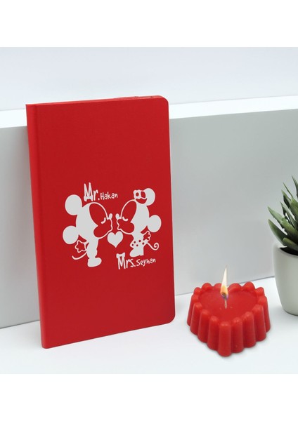 Sevgililere Özel Isimli Kırmızı Defter ve Kokulu Kalp Mum Hediye Seti-2, Sevgiliye Hediye, Sevgililer Günü
