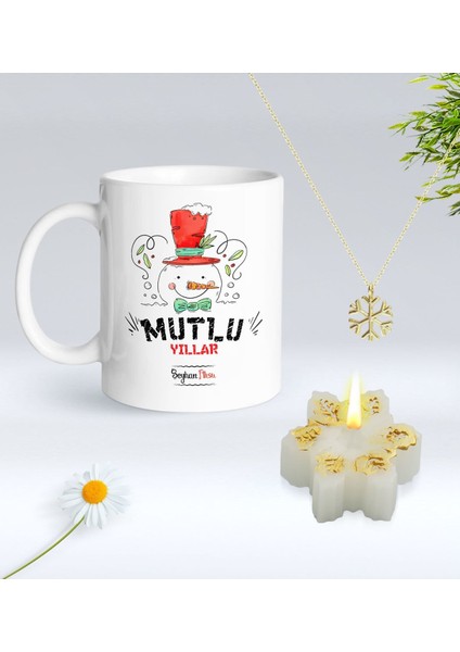 Yılbaşı Hediyesi Bk Gift Kişiye Özel Yeni Yıl Tasarımlı Beyaz Kupa Bardak, Kar Tanesi Kolye ve Kar Tanesi Mum Hediye Seti-5, Sevgiliye Hediye, Arkadaşa Hediye