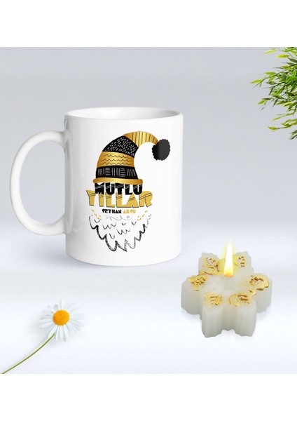 Yılbaşı Hediyesi Bk Gift Kişiye Özel Yeni Yıl Tasarımlı Beyaz Kupa Bardak ve Kokulu Kar Tanesi Mum Hediye Seti-6, Sevgiliye Hediye, Arkadaşa Hediye