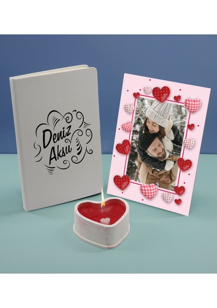 Kişiye Özel Isimli Beyaz Defter Dekoratif Çerçeve ve Kalp Taş Obje Kokulu Mum Hediye Seti-4, Sevgiliye Hediye, Arkadaşa Hediye