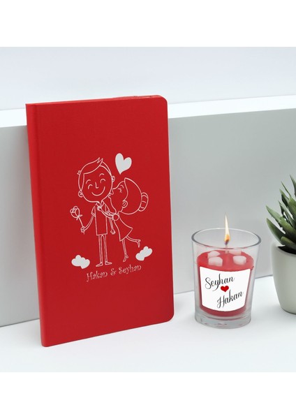 Sevgililere Özel Isimli Kırmızı Defter ve Cam Bardakta Kalp Figürlü Kokulu Mum Hediye Seti-6, Sevgiliye Hediye, Sevgililer Günü