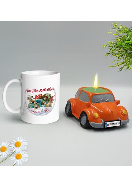 Yılbaşı Hediyesi Bk Gift Kişiye Özel Yeni Yıl Tasarımlı Beyaz Kupa Bardak ve Plakalı Nostaljik Vosvos Mum Hediye Seti-12, Sevgiliye, Arkadaşa Hediye