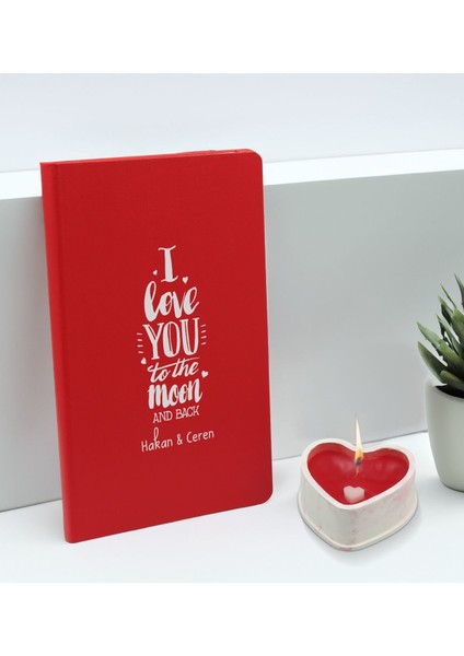 Sevgililere Özel Isimli Kırmızı Defter ve Kalp Taş Obje Kokulu Mum Hediye Seti-4, Sevgiliye Hediye, Sevgililer Günü