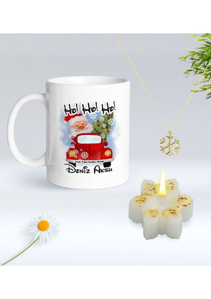 Yılbaşı Hediyesi Bk Gift Kişiye Özel Yeni Yıl Tasarımlı Beyaz Kupa Bardak, Kar Tanesi Kolye ve Kar Tanesi Mum Hediye Seti-2, Sevgiliye Hediye, Arkadaşa Hediye