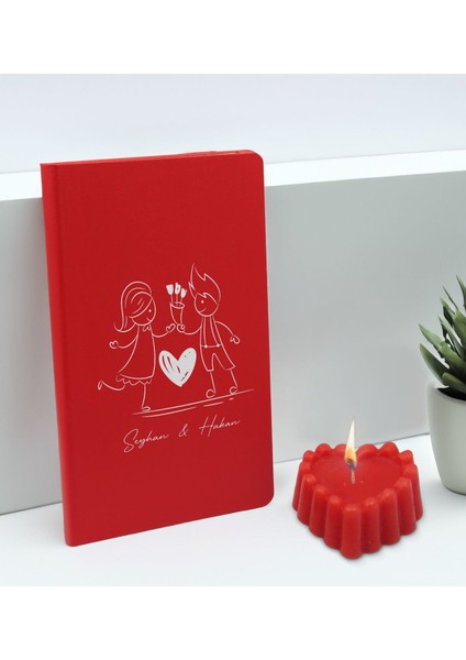 Sevgililere Özel Isimli Kırmızı Defter ve Kokulu Kalp Mum Hediye Seti-3, Sevgiliye Hediye, Sevgililer Günü