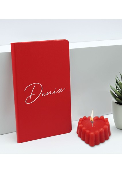 Kişiye Özel Isimli Kırmızı Defter ve Kokulu Kalp Mum Hediye Seti-1, Sevgiliye Hediye, Arkadaşa Hediye