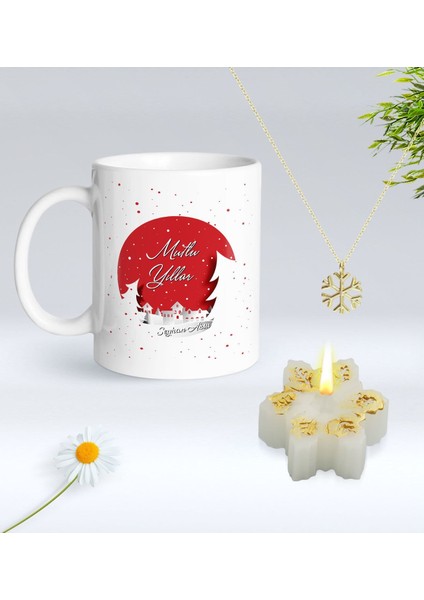 Yılbaşı Hediyesi Bk Gift Kişiye Özel Yeni Yıl Tasarımlı Beyaz Kupa Bardak, Kar Tanesi Kolye ve Kar Tanesi Mum Hediye Seti-4, Sevgiliye Hediye, Arkadaşa Hediye