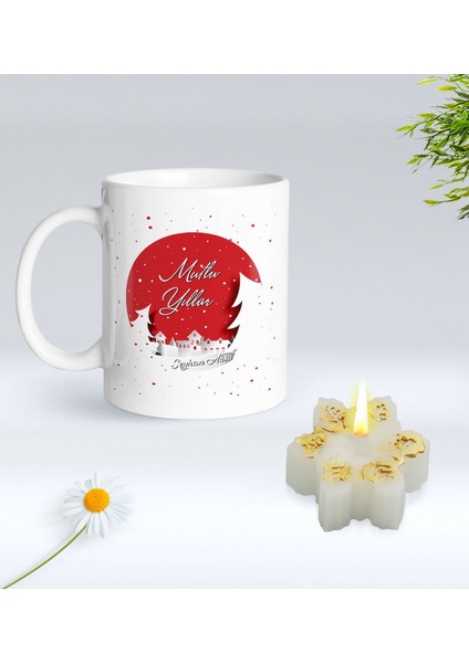 Yılbaşı Hediyesi Bk Gift Kişiye Özel Yeni Yıl Tasarımlı Beyaz Kupa Bardak ve Kokulu Kar Tanesi Mum Hediye Seti-4, Sevgiliye Hediye, Arkadaşa Hediye