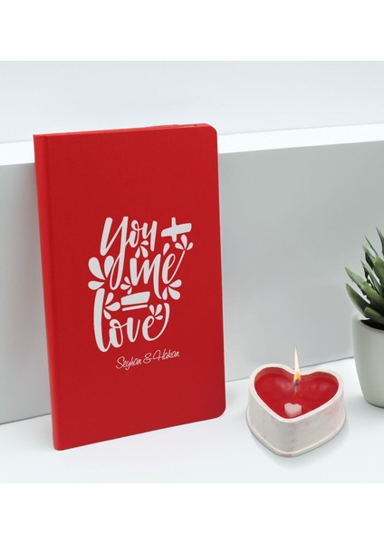 Sevgililere Özel Isimli Kırmızı Defter ve Kalp Taş Obje Kokulu Mum Hediye Seti-12, Sevgiliye Hediye, Sevgililer Günü