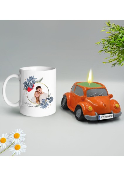 Yılbaşı Hediyesi Bk Gift Kişiye Özel Isimli Fotoğraflı Beyaz Kupa Bardak ve Plakalı Nostaljik Vosvos Mum Hediye Seti-1, Sevgiliye, Arkadaşa Hediye