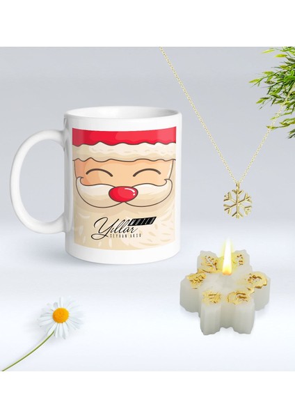 Yılbaşı Hediyesi Bk Gift Kişiye Özel Yeni Yıl Tasarımlı Beyaz Kupa Bardak, Kar Tanesi Kolye ve Kar Tanesi Mum Hediye Seti-9, Sevgiliye Hediye, Arkadaşa Hediye