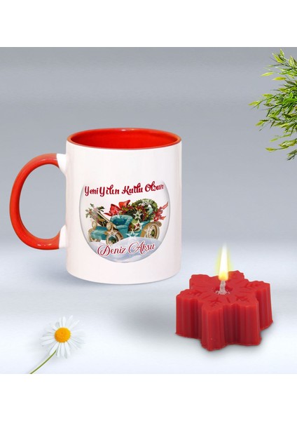 Yılbaşı Hediyesi Bk Gift Kişiye Özel Yeni Yıl Tasarımlı Kırmızı Kupa Bardak ve Kırmızı Kar Tanesi Kokulu Mum Hediye Seti-12, Sevgiliye, Arkadaşa Hediye