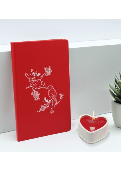 Sevgililere Özel Isimli Kırmızı Defter ve Kalp Taş Obje Kokulu Mum Hediye Seti-8, Sevgiliye Hediye, Sevgililer Günü