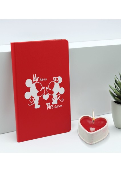 Sevgililere Özel Isimli Kırmızı Defter ve Kalp Taş Obje Kokulu Mum Hediye Seti-2, Sevgiliye Hediye, Sevgililer Günü