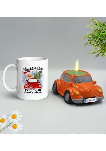 Yılbaşı Hediyesi Bk Gift Kişiye Özel Yeni Yıl Tasarımlı Beyaz Kupa Bardak ve Plakalı Nostaljik Vosvos Mum Hediye Seti-2, Sevgiliye, Arkadaşa Hediye