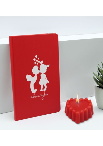 Sevgililere Özel Isimli Kırmızı Defter ve Kokulu Kalp Mum Hediye Seti-13, Sevgiliye Hediye, Sevgililer Günü
