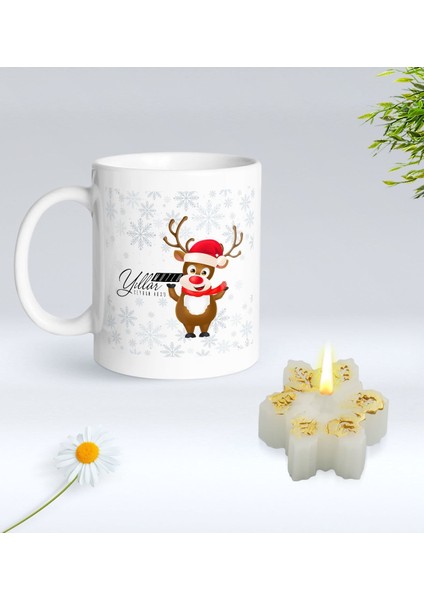 Yılbaşı Hediyesi Bk Gift Kişiye Özel Yeni Yıl Tasarımlı Beyaz Kupa Bardak ve Kokulu Kar Tanesi Mum Hediye Seti-7, Sevgiliye Hediye, Arkadaşa Hediye