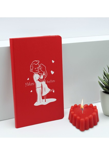 Sevgililere Özel Isimli Kırmızı Defter ve Kokulu Kalp Mum Hediye Seti-7, Sevgiliye Hediye, Sevgililer Günü