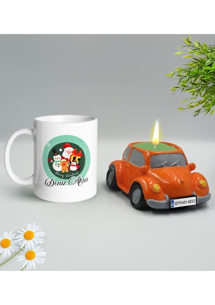 Yılbaşı Hediyesi Bk Gift Kişiye Özel Yeni Yıl Tasarımlı Beyaz Kupa Bardak ve Plakalı Nostaljik Vosvos Mum Hediye Seti-3, Sevgiliye, Arkadaşa Hediye