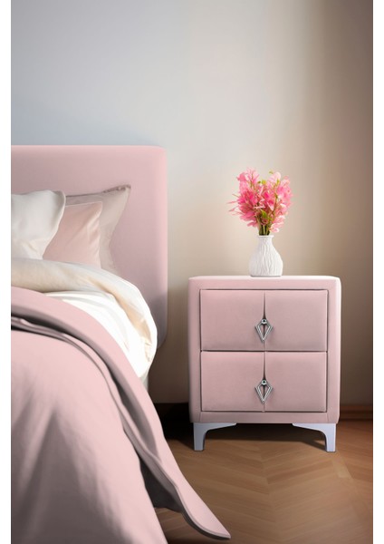 Harmony Silver İki Çekmeceli Pembe Komodin Yatak Odası 2 Kapaklı Komodin