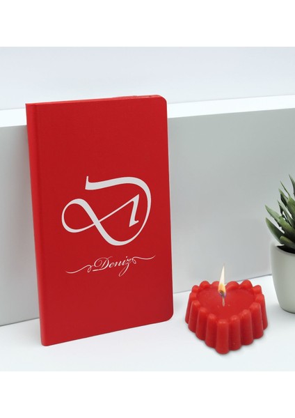 Kişiye Özel Isimli Kırmızı Defter ve Kokulu Kalp Mum Hediye Seti-2, Sevgiliye Hediye, Arkadaşa Hediye