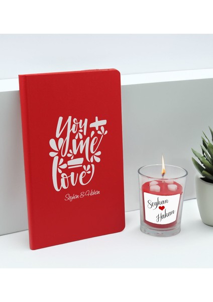 Sevgililere Özel Isimli Kırmızı Defter ve Cam Bardakta Kalp Figürlü Kokulu Mum Hediye Seti-12, Sevgiliye Hediye, Sevgililer Günü