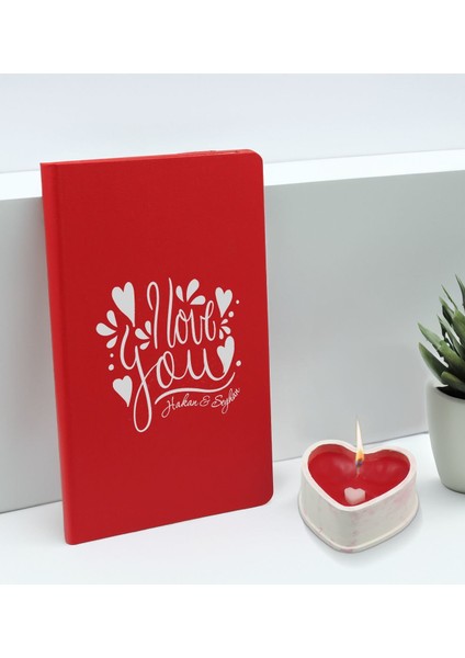 Sevgililere Özel Isimli Kırmızı Defter ve Kalp Taş Obje Kokulu Mum Hediye Seti-10, Sevgiliye Hediye, Sevgililer Günü