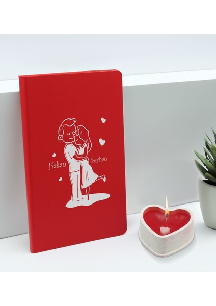 Sevgililere Özel Isimli Kırmızı Defter ve Kalp Taş Obje Kokulu Mum Hediye Seti-7, Sevgiliye Hediye, Sevgililer Günü