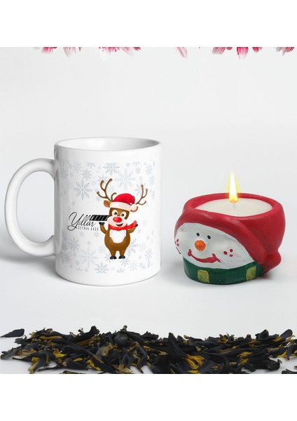 Yılbaşı Hediyesi Bk Gift Kişiye Özel Yeni Yıl Tasarımlı Beyaz Kupa Bardak ve El Yapımı Kardan Adam Kokulu Mum Hediye Seti-7, Sevgiliye, Arkadaşa Hediye