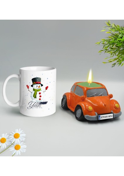 Yılbaşı Hediyesi Bk Gift Kişiye Özel Yeni Yıl Tasarımlı Beyaz Kupa Bardak ve Plakalı Nostaljik Vosvos Mum Hediye Seti-8, Sevgiliye, Arkadaşa Hediye