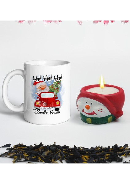 Yılbaşı Hediyesi Bk Gift Kişiye Özel Yeni Yıl Tasarımlı Beyaz Kupa Bardak ve El Yapımı Kardan Adam Kokulu Mum Hediye Seti-2, Sevgiliye, Arkadaşa Hediye