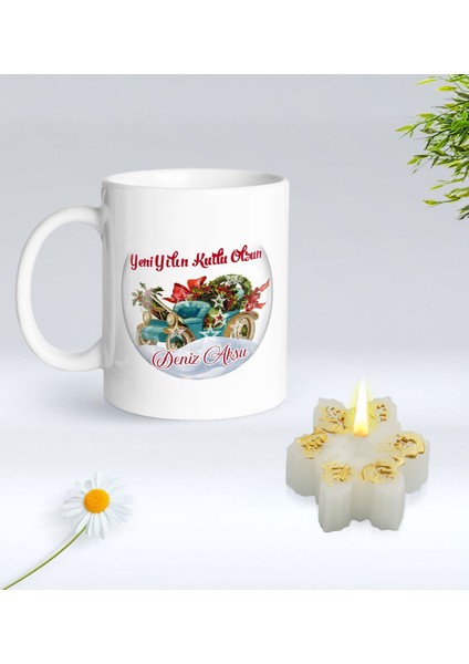 Yılbaşı Hediyesi Bk Gift Kişiye Özel Yeni Yıl Tasarımlı Beyaz Kupa Bardak ve Kokulu Kar Tanesi Mum Hediye Seti-12, Sevgiliye Hediye, Arkadaşa Hediye
