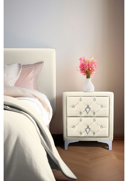 Ruby 2 Çekmeceli Komodin Silver Model Kapitoneli İki Kapaklı Komodin Beyaz