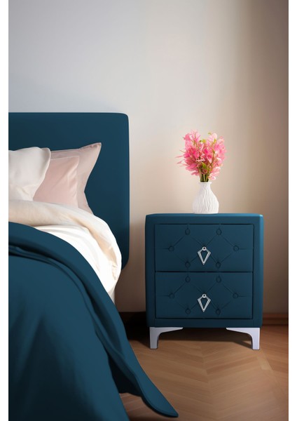 Ruby 2 Çekmeceli Komodin Silver Model Kapitoneli İki Kapaklı Komodin Mavi