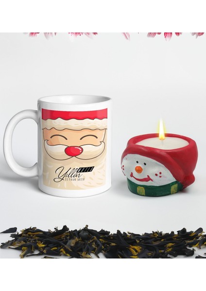 Yılbaşı Hediyesi Bk Gift Kişiye Özel Yeni Yıl Tasarımlı Beyaz Kupa Bardak ve El Yapımı Kardan Adam Kokulu Mum Hediye Seti-9, Sevgiliye, Arkadaşa Hediye