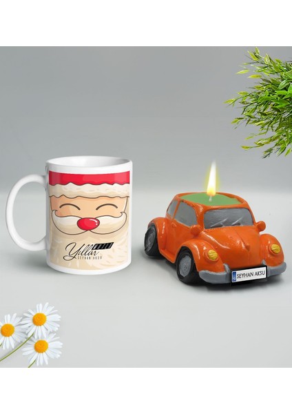 Yılbaşı Hediyesi Bk Gift Kişiye Özel Yeni Yıl Tasarımlı Beyaz Kupa Bardak ve Plakalı Nostaljik Vosvos Mum Hediye Seti-9, Sevgiliye, Arkadaşa Hediye