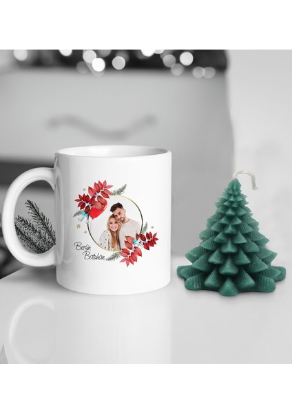 Yılbaşı Hediyesi Bk Gift Kişiye Özel Isimli Fotoğraflı Beyaz Kupa Bardak ve Kokulu Çam Ağacı Mum Hediye Seti, Sevgiliye Hediye, Doğum Günü Hediyesi