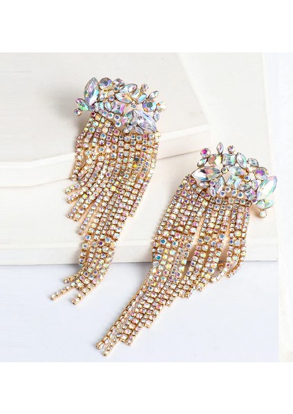 Hiperbolik Parlak Geometrik Çiçekli Kolye Kadın Bayanlar Bling Bling Rhinestone Uzun Püskül Oorbellen Küpe (Yurt Dışından) modelleri
