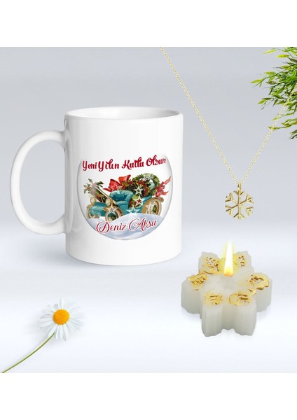 Yılbaşı Hediyesi Bk Gift Kişiye Özel Yeni Yıl Tasarımlı Beyaz Kupa Bardak, Kar Tanesi Kolye ve Kar Tanesi Mum Hediye Seti-12, Sevgiliye Hediye, Arkadaşa Hediye