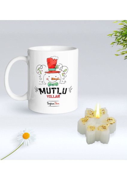 Yılbaşı Hediyesi Bk Gift Kişiye Özel Yeni Yıl Tasarımlı Beyaz Kupa Bardak ve Kokulu Kar Tanesi Mum Hediye Seti-5, Sevgiliye Hediye, Arkadaşa Hediye