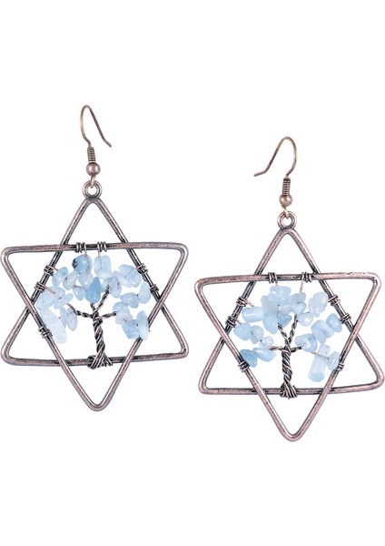 Tel Sarılı Hayat Ağacı Kristal Damla Geometrik Heksagram Doğal Gül Kuvars Mineral Çip Dangle Kadın Takı Küpe (Yurt Dışından)